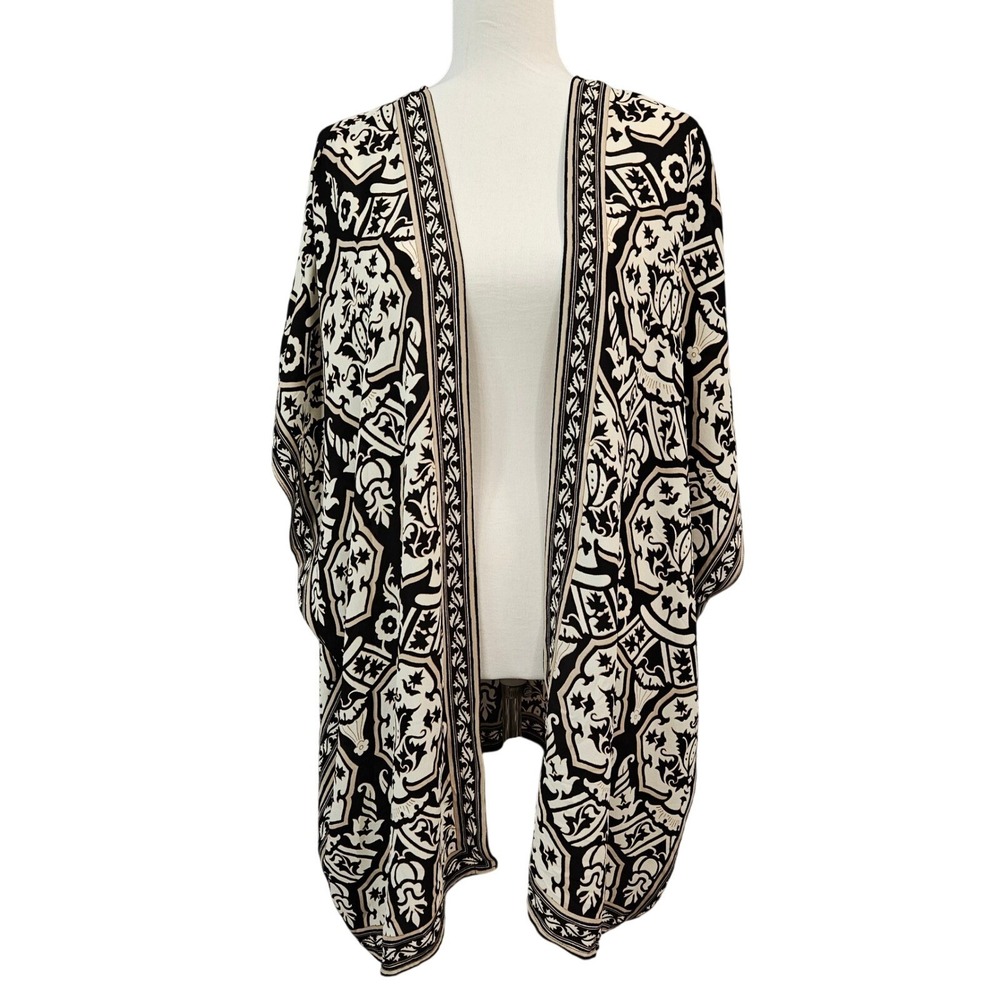 MAX STUDIO LONDON Womens Satin Kimono Cardigan Shawl Black White Pattern‎ XL